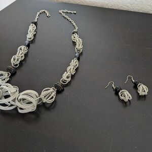 Geometric, Interlocking Hoops Necklace and Earrings Combo - Silver and Black